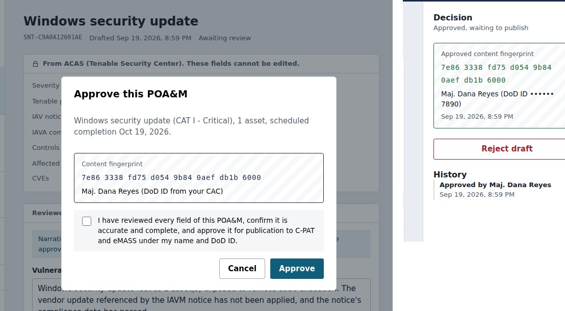 Approval dialog showing the content fingerprint and attestation before publishing to C-PAT and eMASS