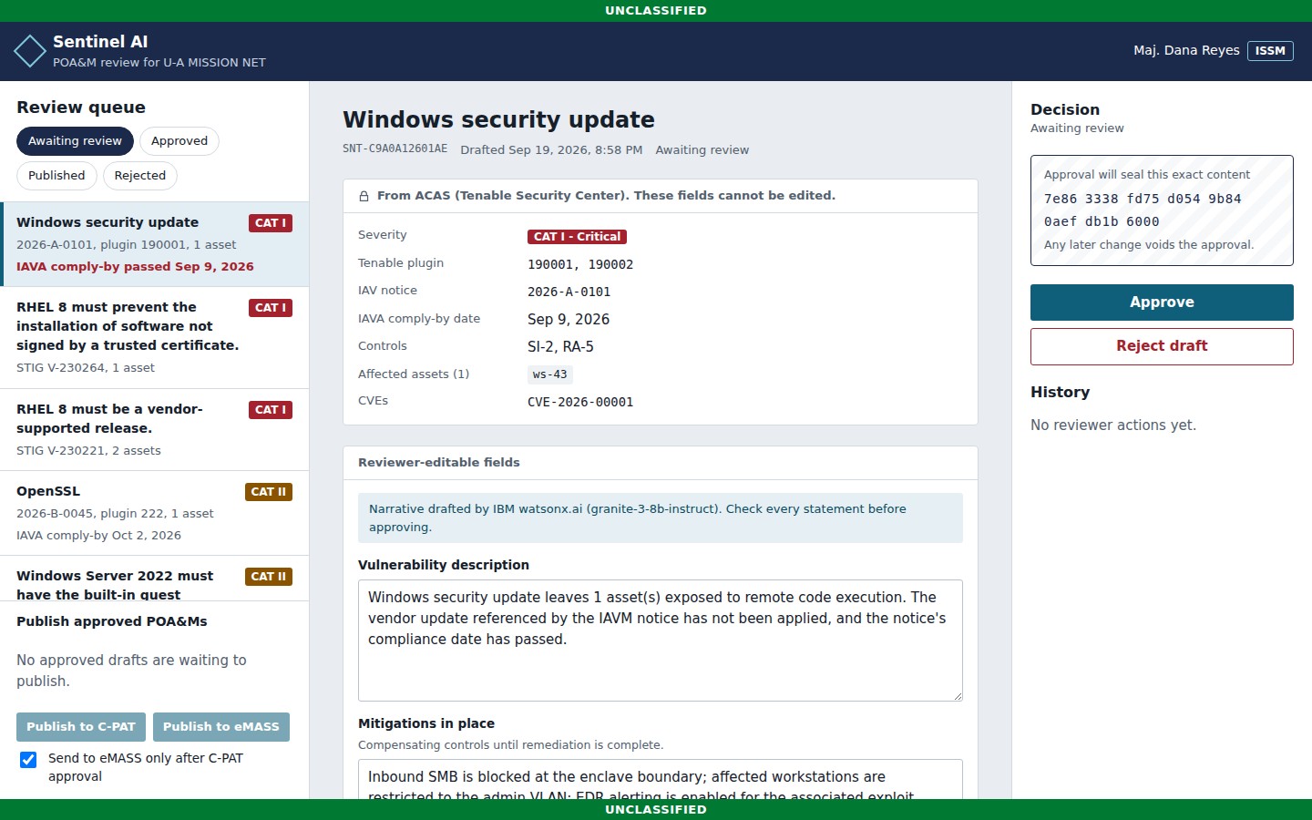 Sentinel AI POA&M review console showing the review queue, locked ACAS fields, and reviewer-editable narrative